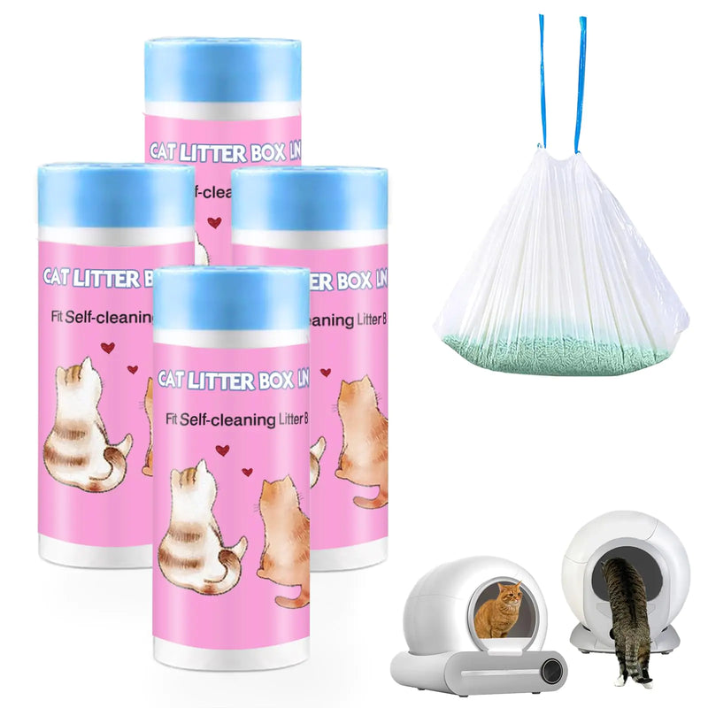 Cat litter box and cleaning products with pink packaging and cat illustrations on a white background.