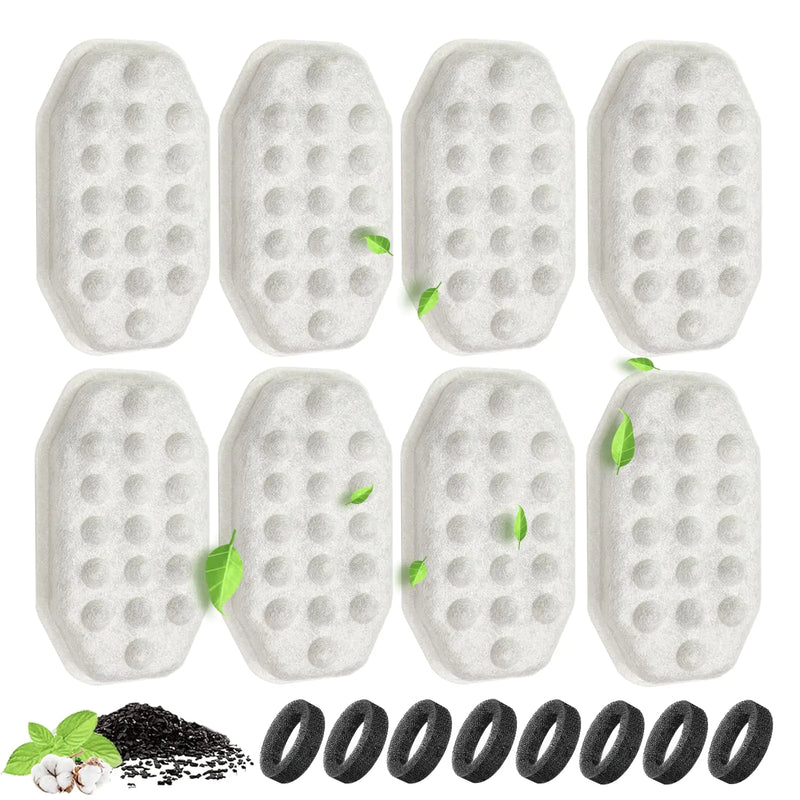 Set of white filter pads with black rings and green leaves on a white background